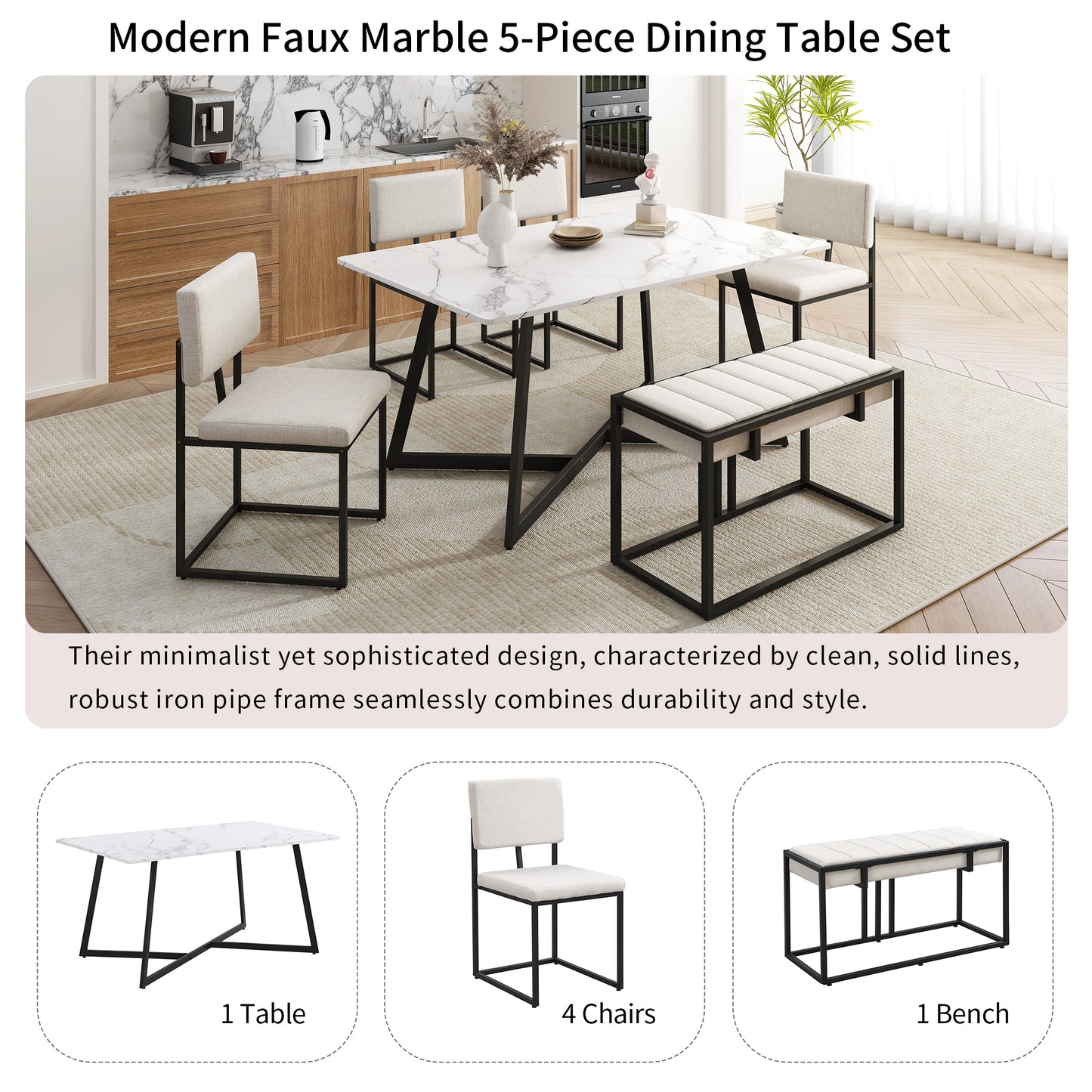 TOPMAX Modern Faux Marble 6-Piece Dining Table Set,60inch Metal Kitchen Table Set with Upholstered Dining Chairs and Bench, Black