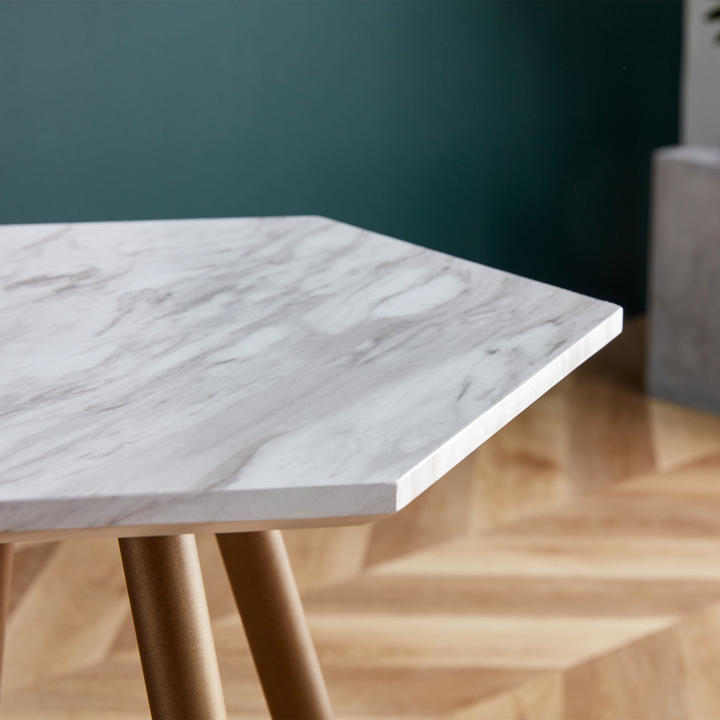 Modern Minimalism White Faux Marble End&Side Table, Small Accent Coffee Table with Dark Gold Metal Legs, Hexagon Nightstand for Living Room,Bedroom, Apartment Small Space ( MDF Tabletop + Metal Legs )