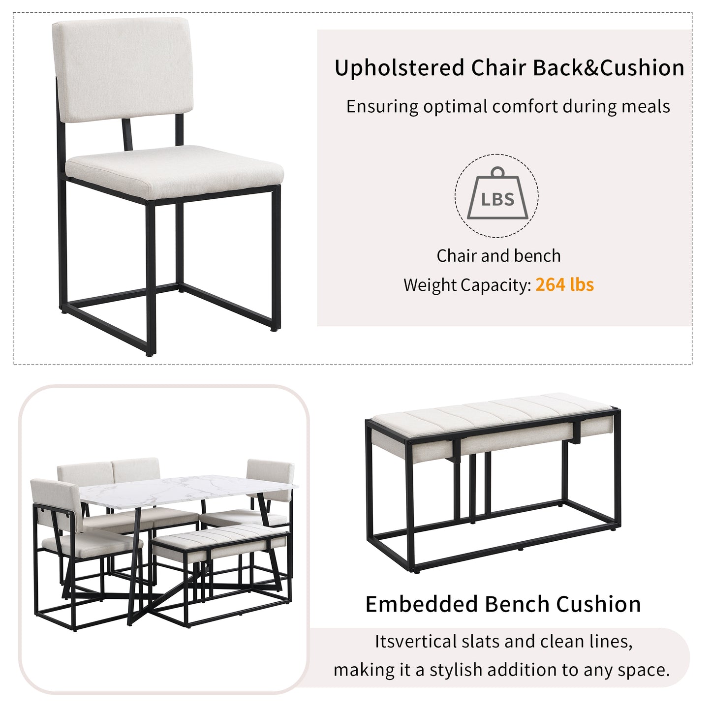 TOPMAX Modern Faux Marble 6-Piece Dining Table Set,60inch Metal Kitchen Table Set with Upholstered Dining Chairs and Bench, Black