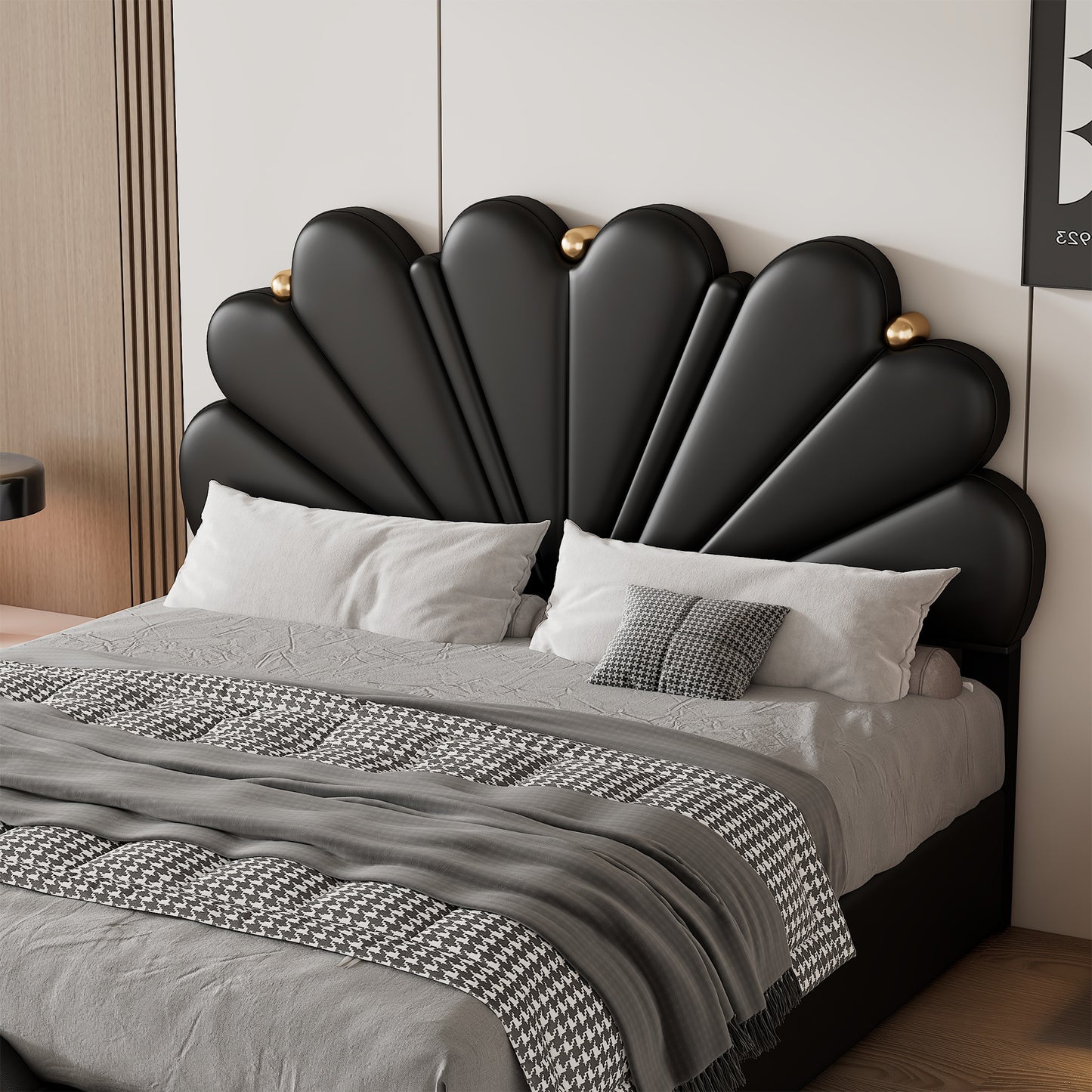 Queen Size Upholstered Petal Shaped Platform Bed with Hydraulic Storage System, PU Storage Bed, Decorated with metal balls, Black