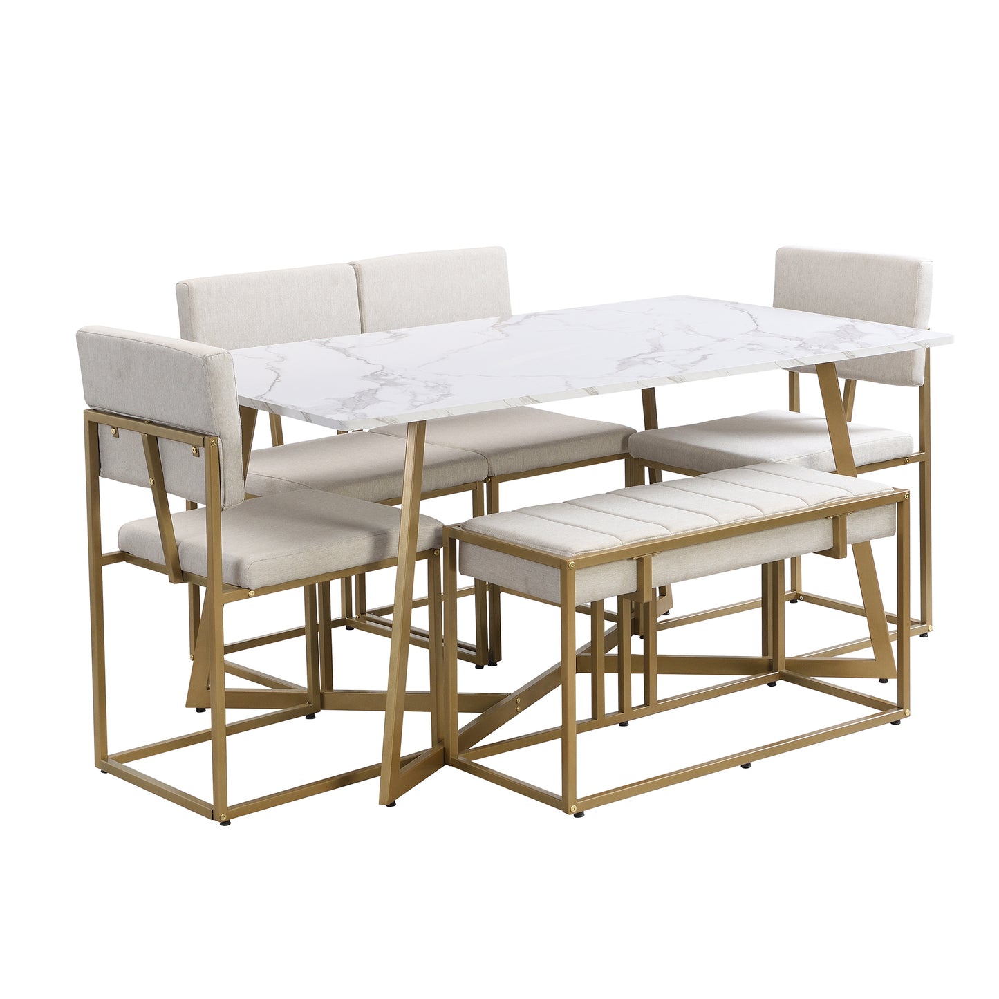 TOPMAX Modern Faux Marble 6-Piece Dining Table Set,60inch Metal Kitchen Table Set with Upholstered Dining Chairs and Bench, Golden