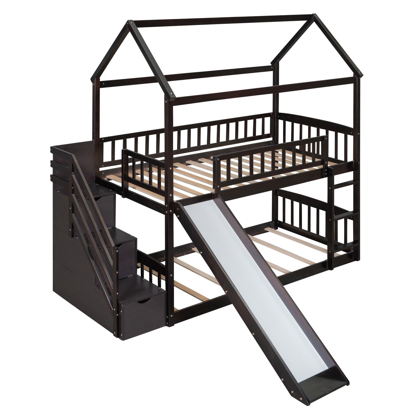 Twin Over Twin Bunk Bed with Drawers and Slide, House Bed with Slide,Espresso(OLD SKU :LT000215AAP)