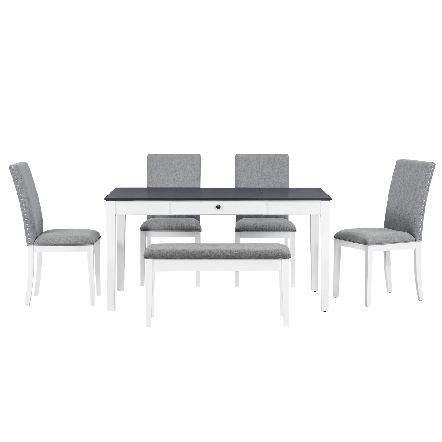 TOPMAX Farmhouse 6-Piece Dining Table Set with Storage Table, Kitchen Table Set with Drawer, Storable Bench and Upholstered Dining Chairs, White+Gray