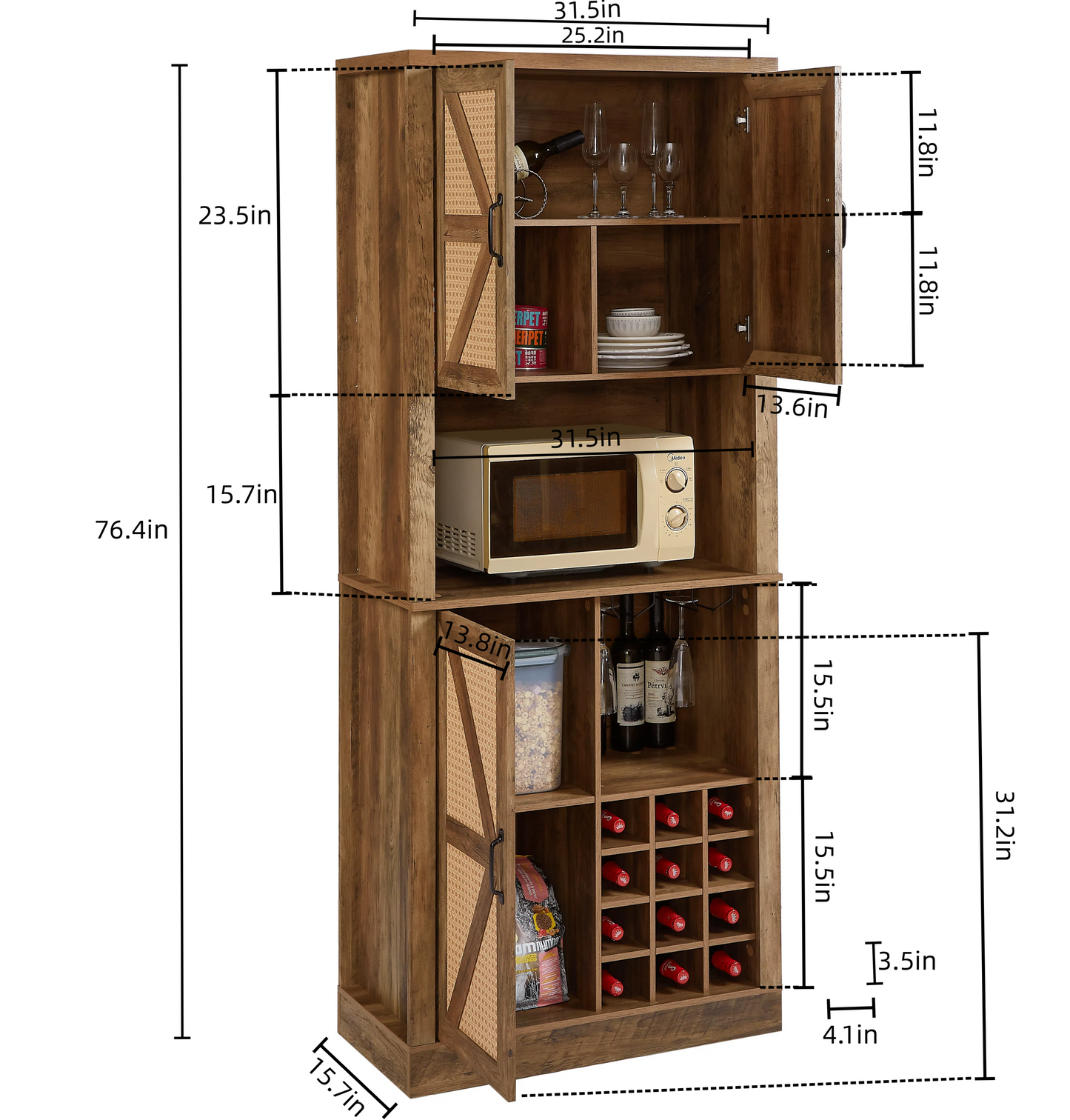 76-Inch Tall Rustic Oak Color Farmhouse Kitchen Faux Rattan Wine Cabinet, Kitchen Bar Cabinet with Square Compartments , Large Wooden Faux Rattan Storage Cabinet with Barn Doors and Microwave Shelves