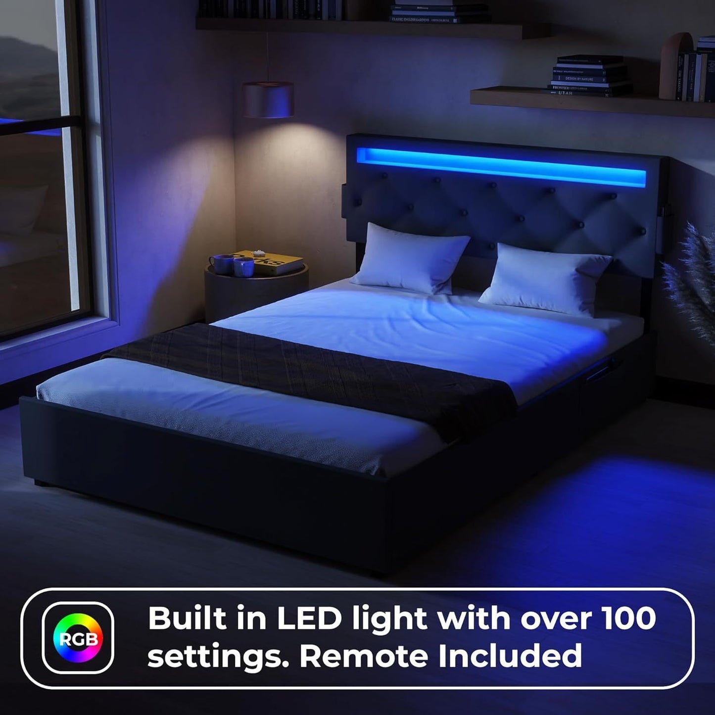 Queen Bed Frame with USB Charging Station & LED Lights, Queen Bed Frame with Headboard & 4 Storage Drawers, D
