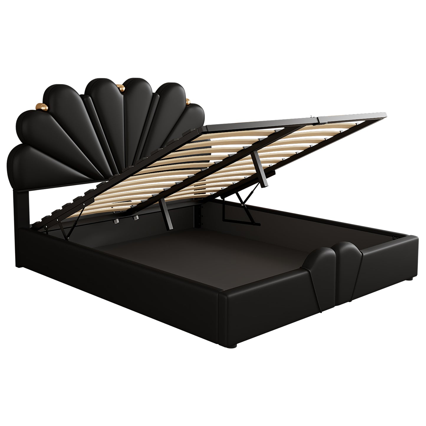 Queen Size Upholstered Petal Shaped Platform Bed with Hydraulic Storage System, PU Storage Bed, Decorated with metal balls, Black