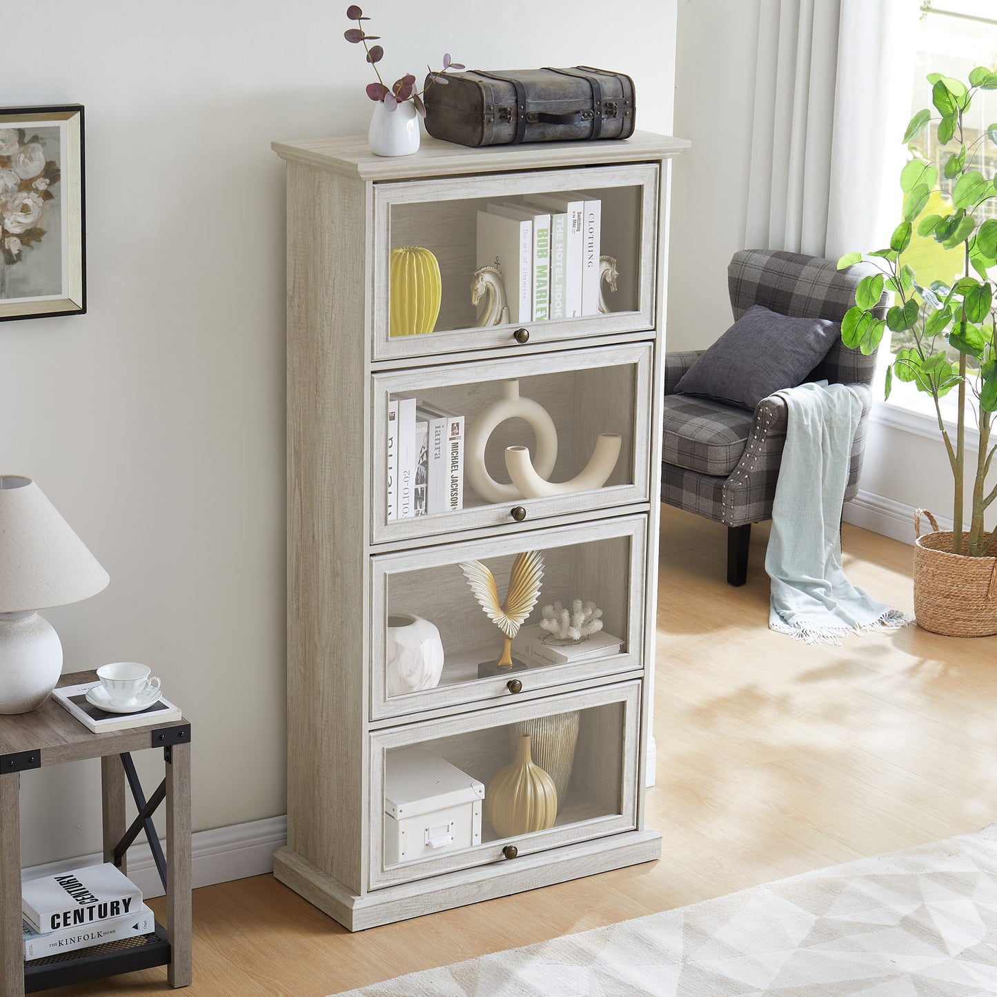 Glass display cabinet 4 Tier Glass Display Cabinet Storage Curio Cabinet with Flip up Glass Doors, Collectors Showcase Toy Figure Organizers Rack, Bookcase for Living Room White