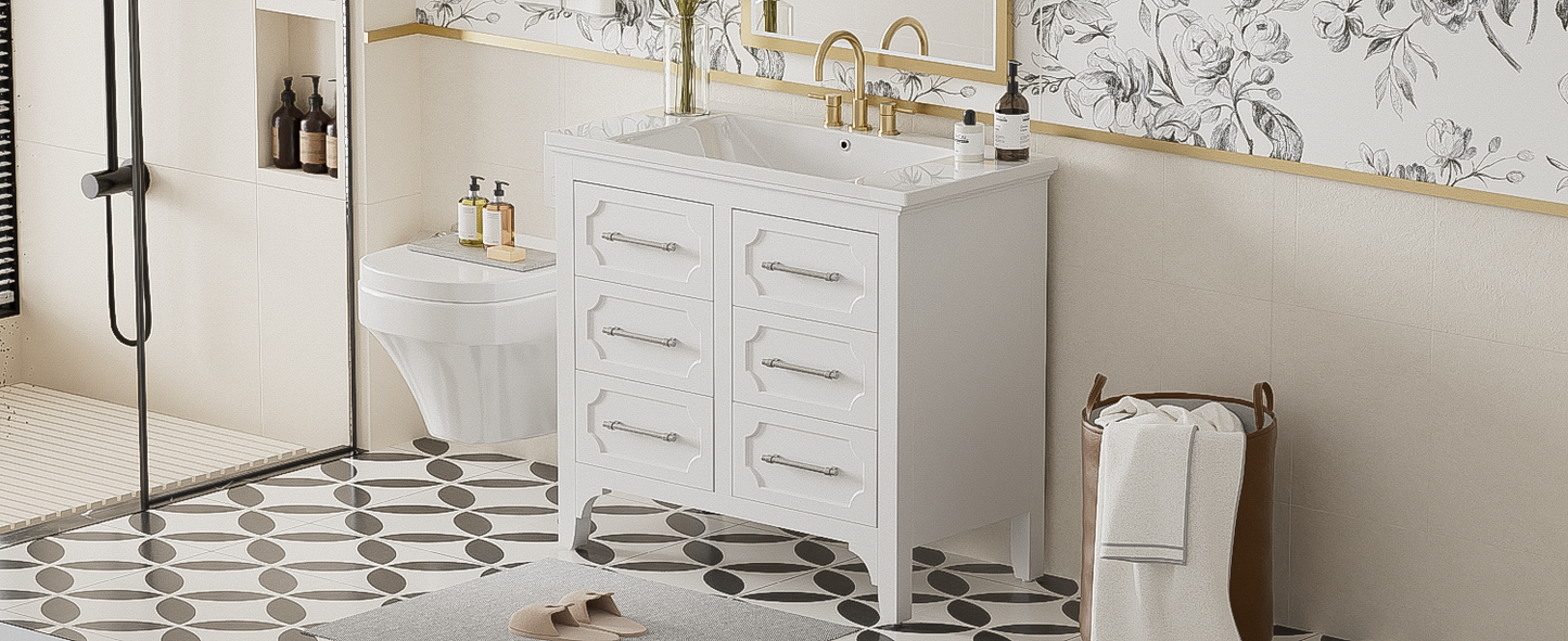 36'' Bathroom Vanity with Resin Sink Combo, Free Standing Single Vanity Set with Four Drawers, Solid Wood Frame Bathroom Storage Cabinet