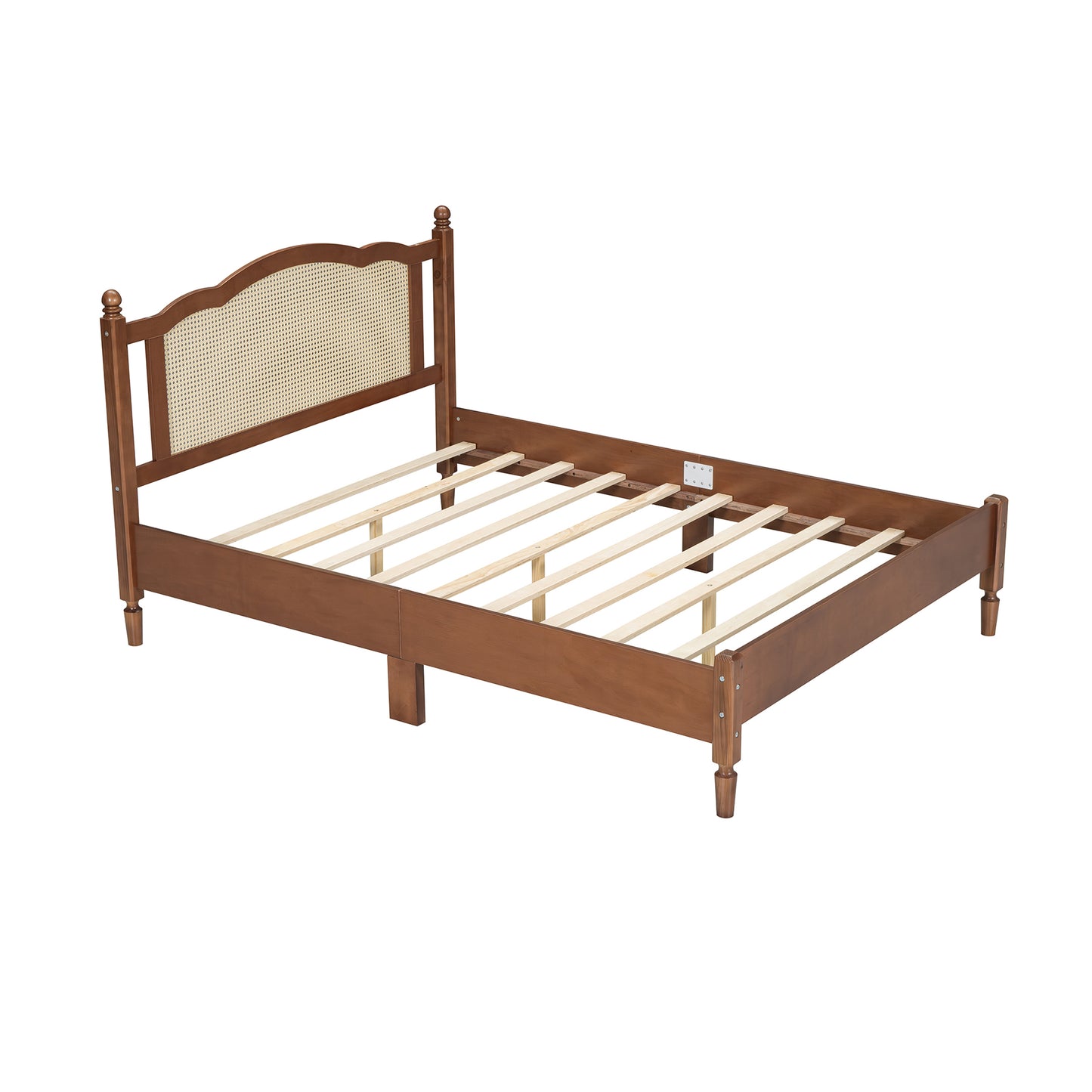 Queen Size Wooden Platform Bed with Natural Rattan Headboard, Vintage Bed Frame with Wooden Slat Support, Walnut (Expected Arrival Time: 08.23)