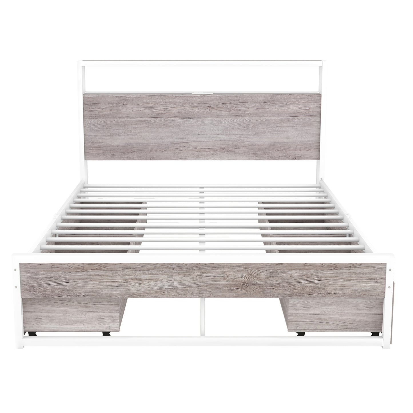 Full Size Metal Platform Bed Frame with Four Drawers,Sockets and USB Ports ,Slat Support No Box Spring Needed White
