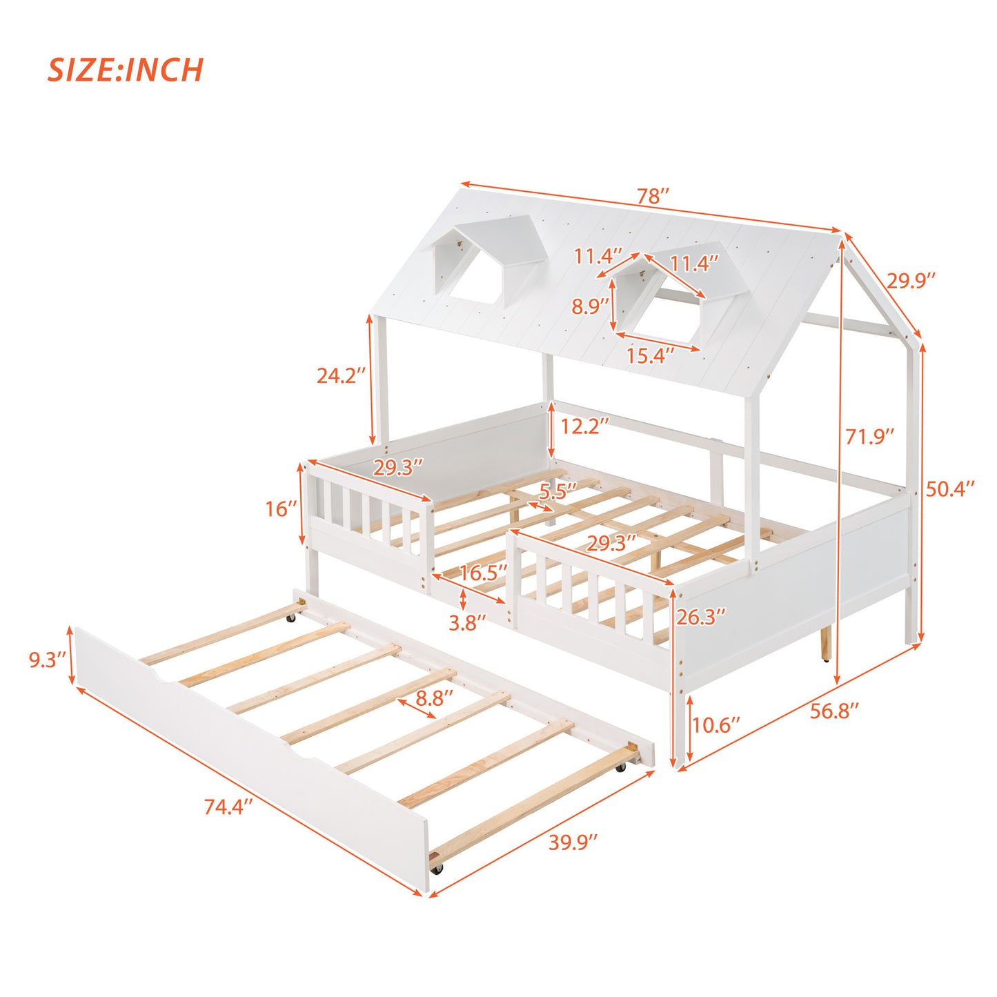 Full Size House Bed Wood Bed with Twin Size Trundle ( White )