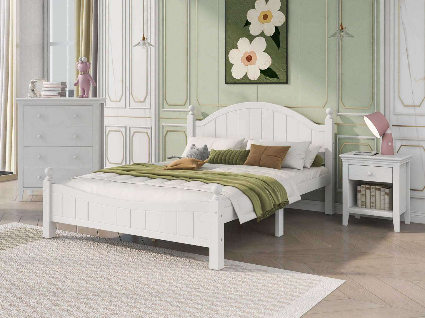 3 Pieces Traditional Concise Style White Bedroom Sets, Nightstand+ Chest+ King Bed