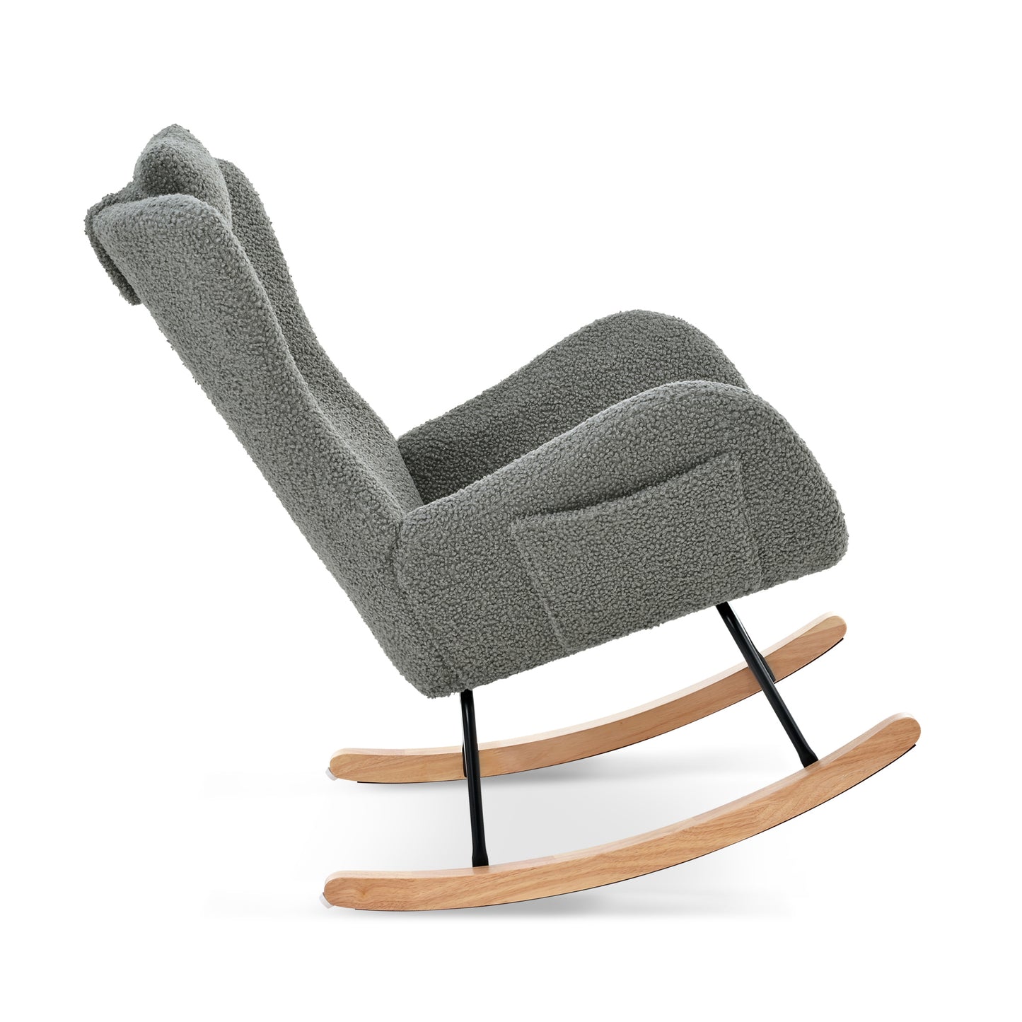 Rocking Chair Nursery, Teddy Upholstered Rocker Glider Chair with High Backrest, Adjustable Headrest & Pocket, Comfy Glider Chair for Nursery, Bedroom, Living Room, Offices, Rubber wood, gray