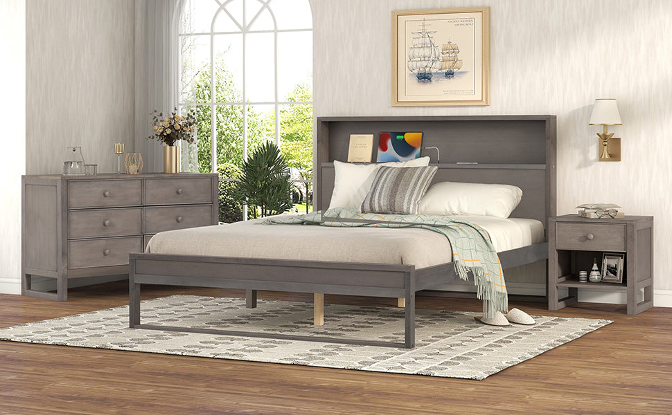 3-Pieces Bedroom Sets Queen Size Platform Bed with Nightstand and Dresser,Antique Gray
