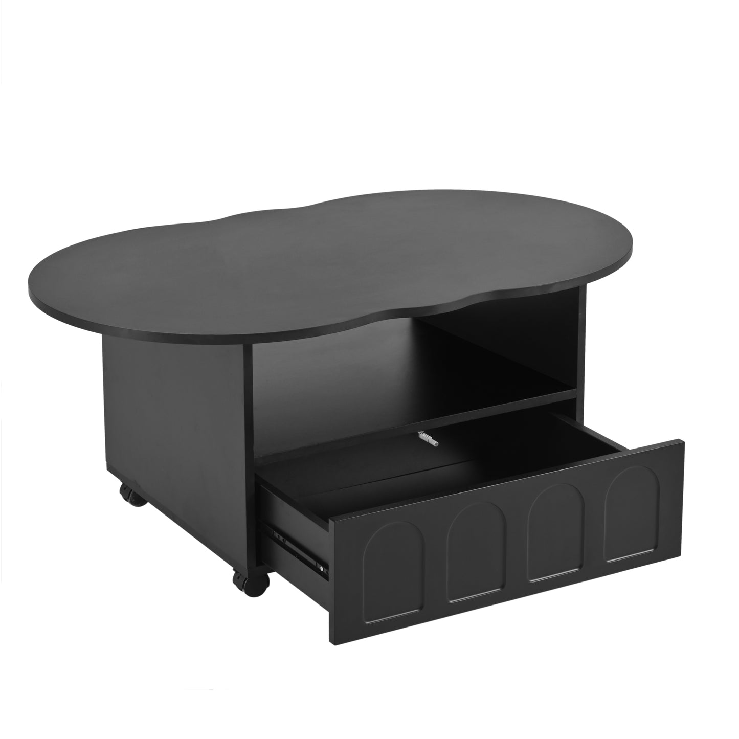 ON-TREND Flexible Cream Style Coffee Table with 2 Brake Wheels, Cloud Top Side Table with Drawer, Irregular Center Table with Large Storage for Living Room, Black, 39.37''x 23.6''