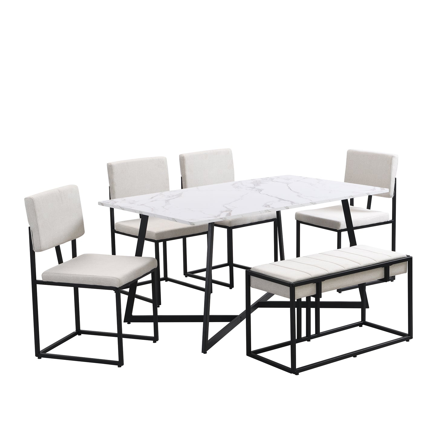 TOPMAX Modern Faux Marble 6-Piece Dining Table Set,60inch Metal Kitchen Table Set with Upholstered Dining Chairs and Bench, Black