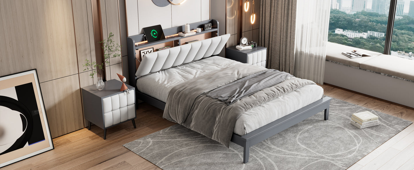 3-Pieces Bedroom Sets,Queen Size Wood Platform Bed and Two Nightstands,Storage Platform bed with USB and LED Lights-Gray+White