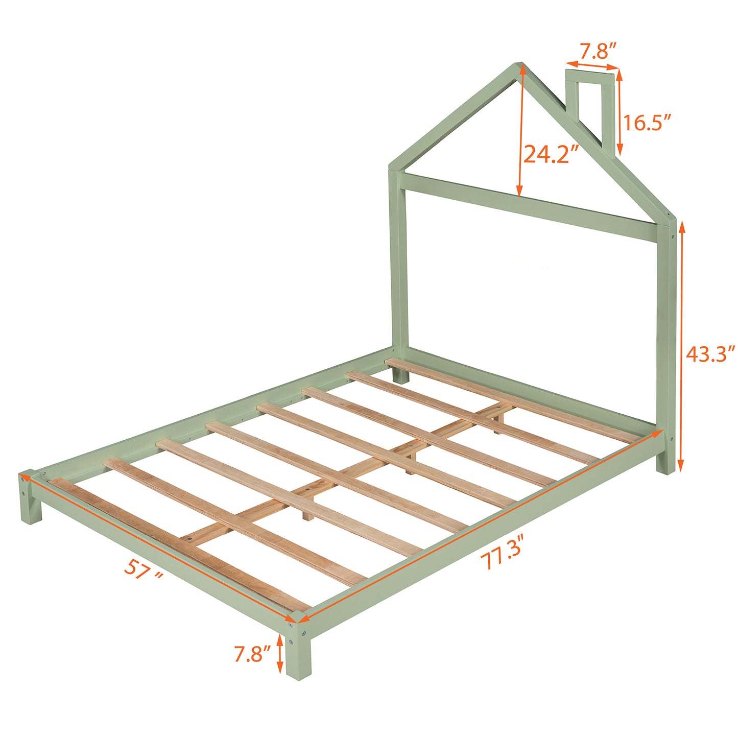 Full Size Wood Platform Bed with House-shaped Headboard (Green)