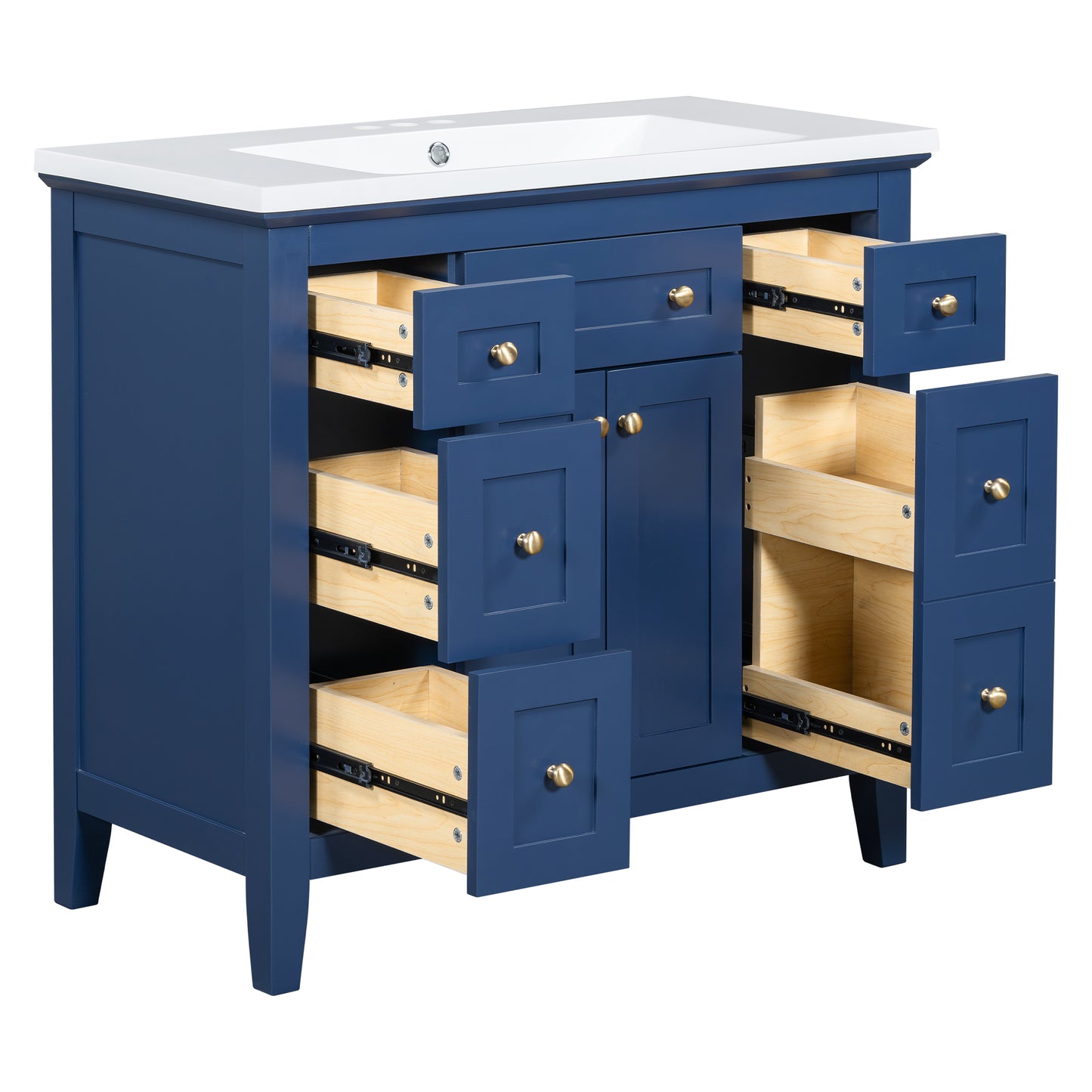 36'' Bathroon Vanity with Resin Sink Combo Set, Modern Freestanding Single Bathroom Cabinet with 6 Drawers & 2 Cabinets, Storage Cabinet for Bathroom, Solid Wood Frame Vanity Set, Blue