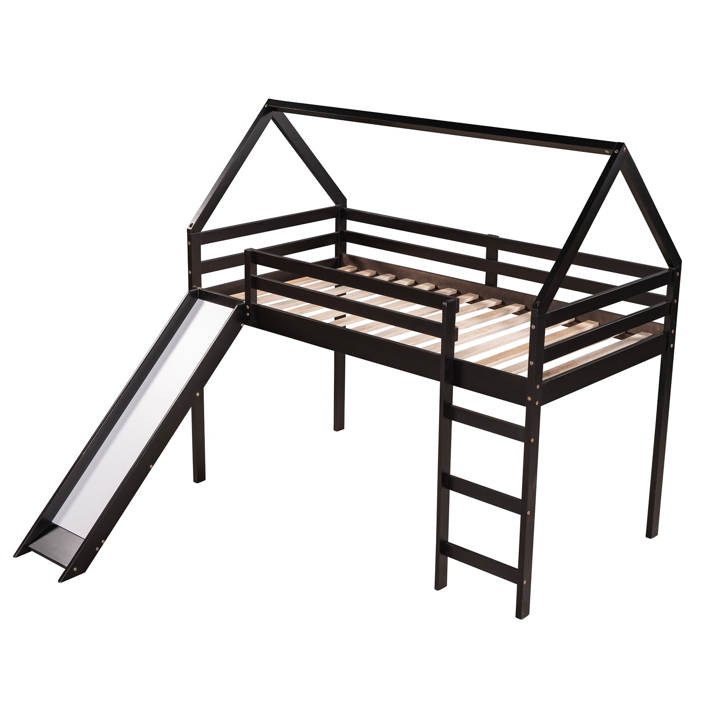 Twin Size Loft Bed with Slide, House Bed with Slide,Espresso(OLD SKU :WF281158AAP)