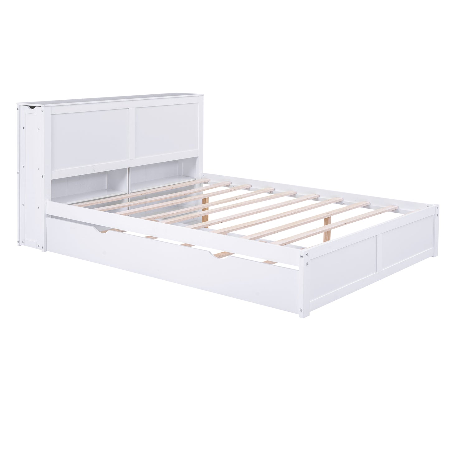 Queen Size Storage Platform Bed with Pull Out Shelves and Twin XL Size Trundle, White