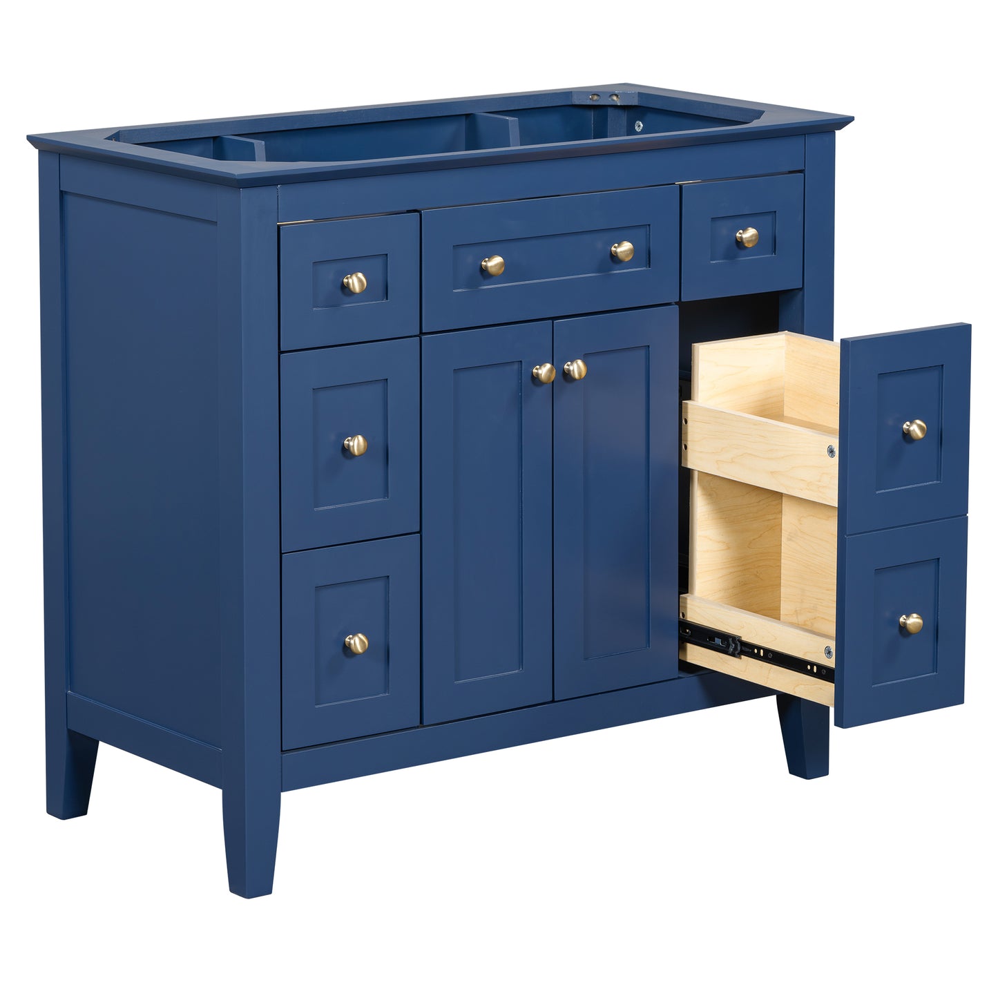 36'' Bathroon Vanity without Sink, Modern Freestanding Single Bathroom Cabinet with 6 Drawers & 2 Cabinets, Storage Cabinet for Bathroom, Solid Wood Frame Vanity Set, Blue (NOT INCLUDE SINK)