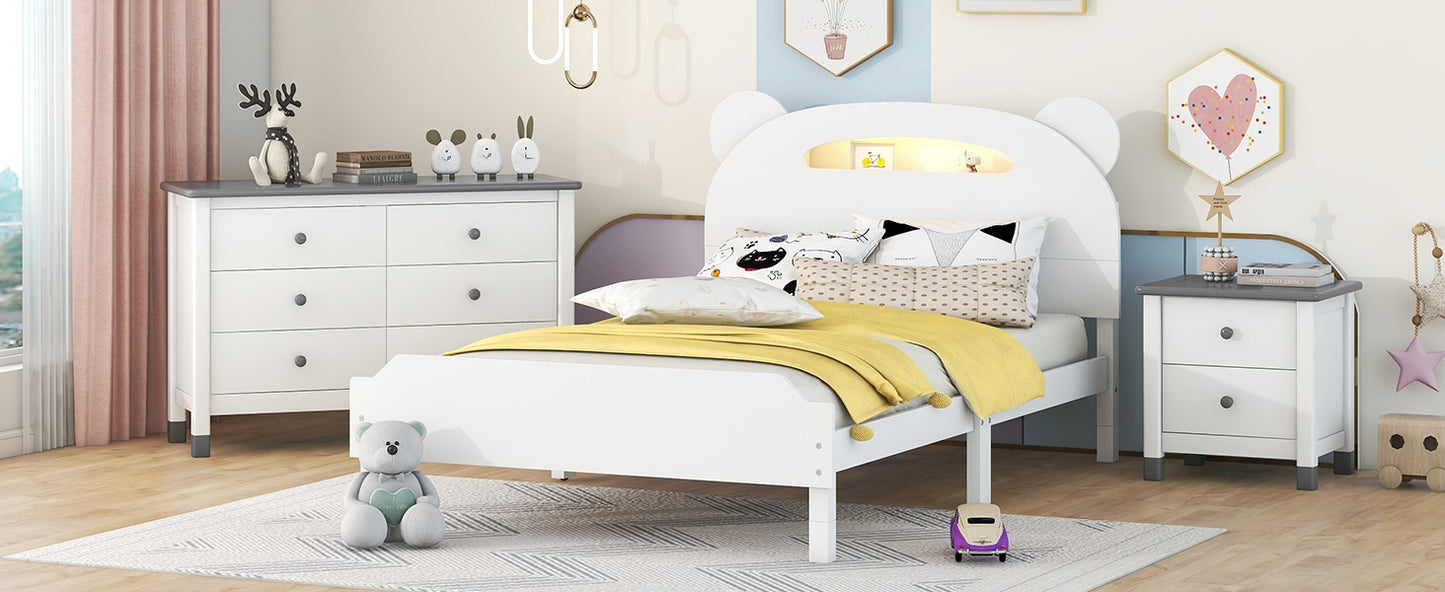 3-Pieces Bedroom Sets Twin Size Bear-Shape Platform Bed with Nightstand and Storage dresser,White+Gray