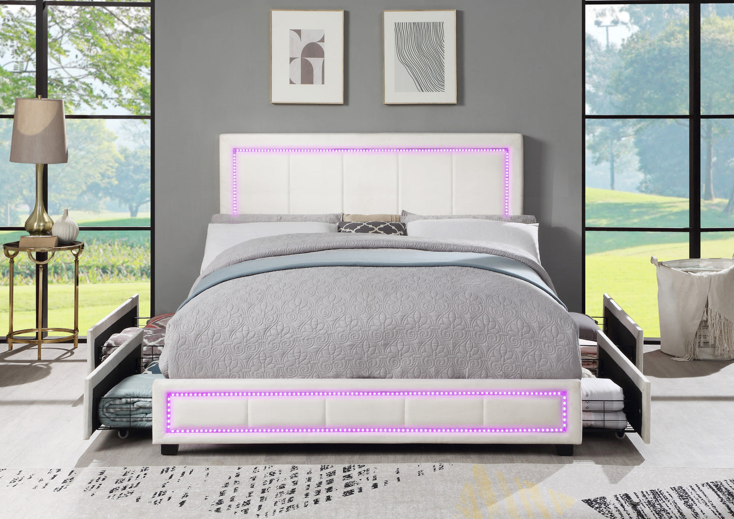 Upholstered Queen Size Platform Bed with LED Lights, Storage Bed with 4 Drawers, Beige color fabric