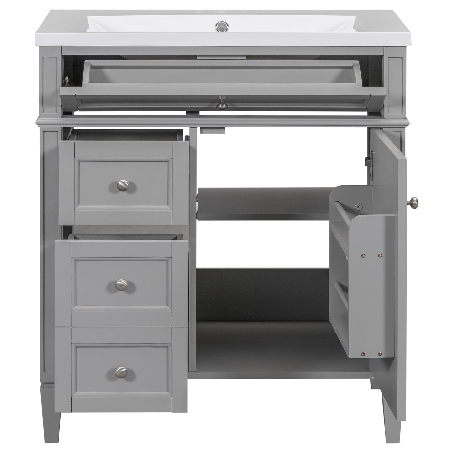 30'' Bathroom Vanity with Top Sink, Modern Bathroom Storage Cabinet with 2 Drawers and a Tip-out Drawer, Freestanding Vanity Set with Mirror Cabinet, Single Sink Bathroom Vanity