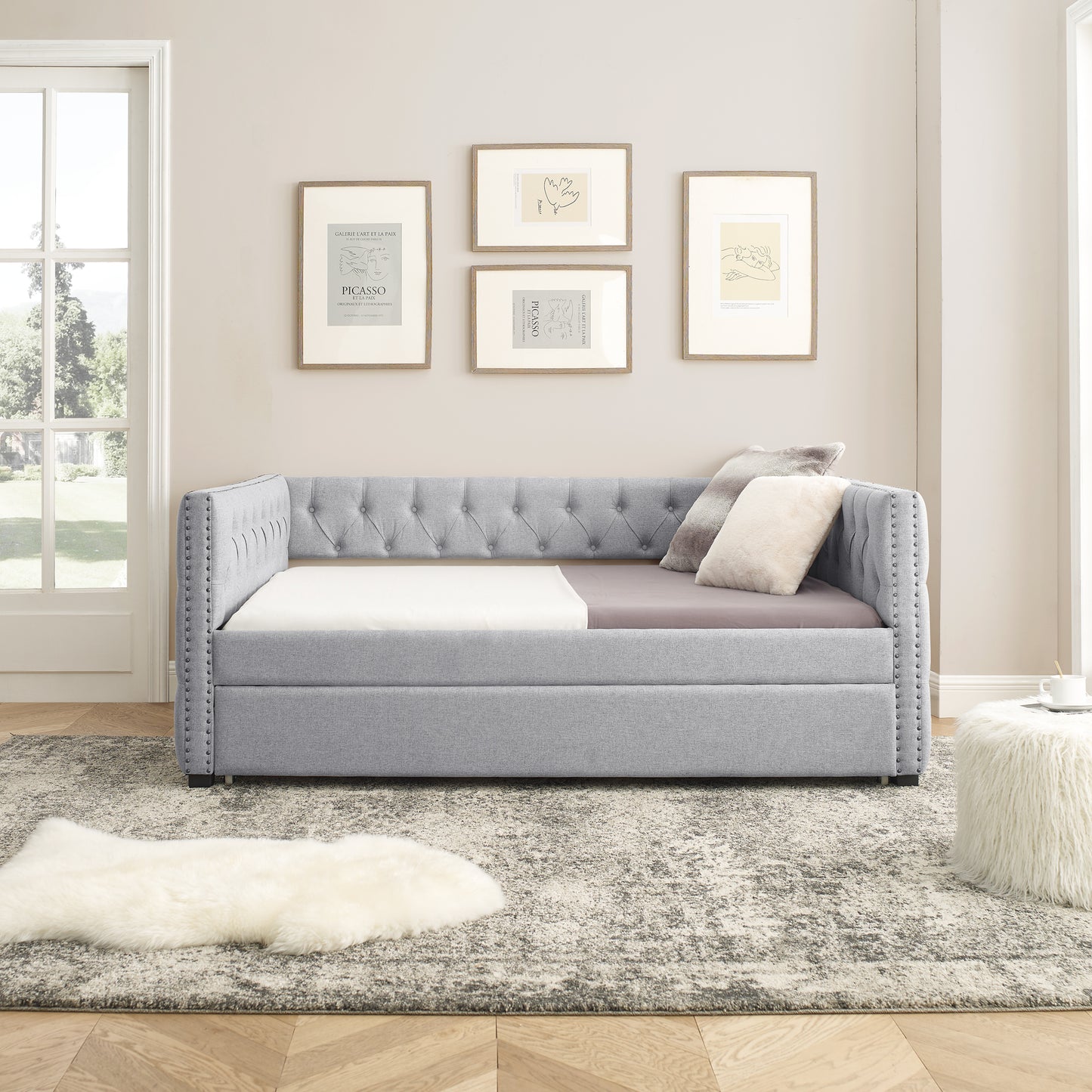Daybed with Trundle Upholstered Tufted Sofa Bed, with Button and Copper Nail on Square Arms,Full Daybed & Twin Trundle, Grey(85"x57"x31.5")