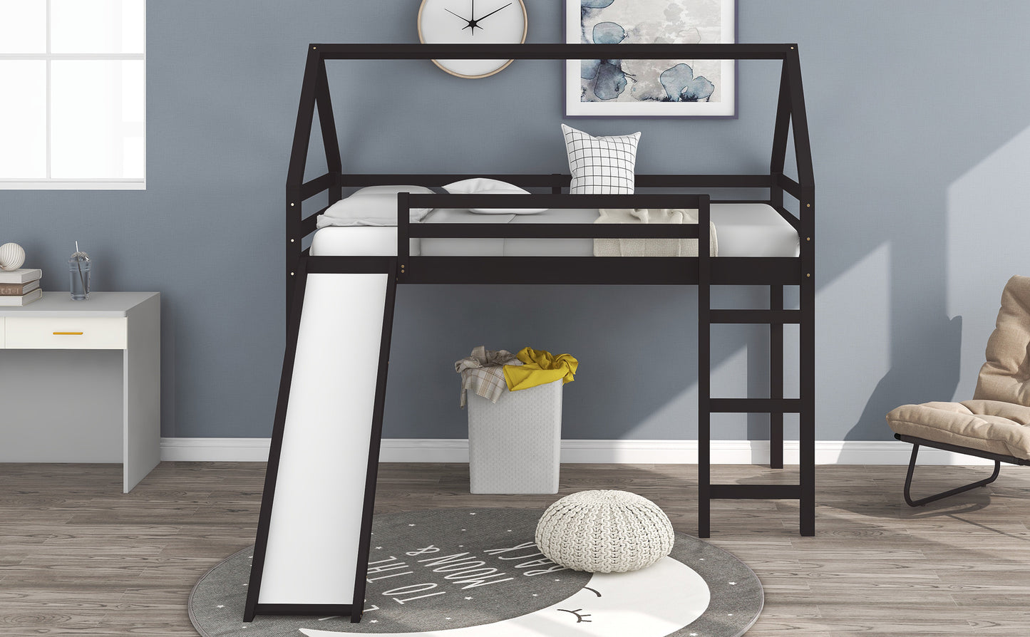 Twin Size Loft Bed with Slide, House Bed with Slide,Espresso(OLD SKU :WF281158AAP)