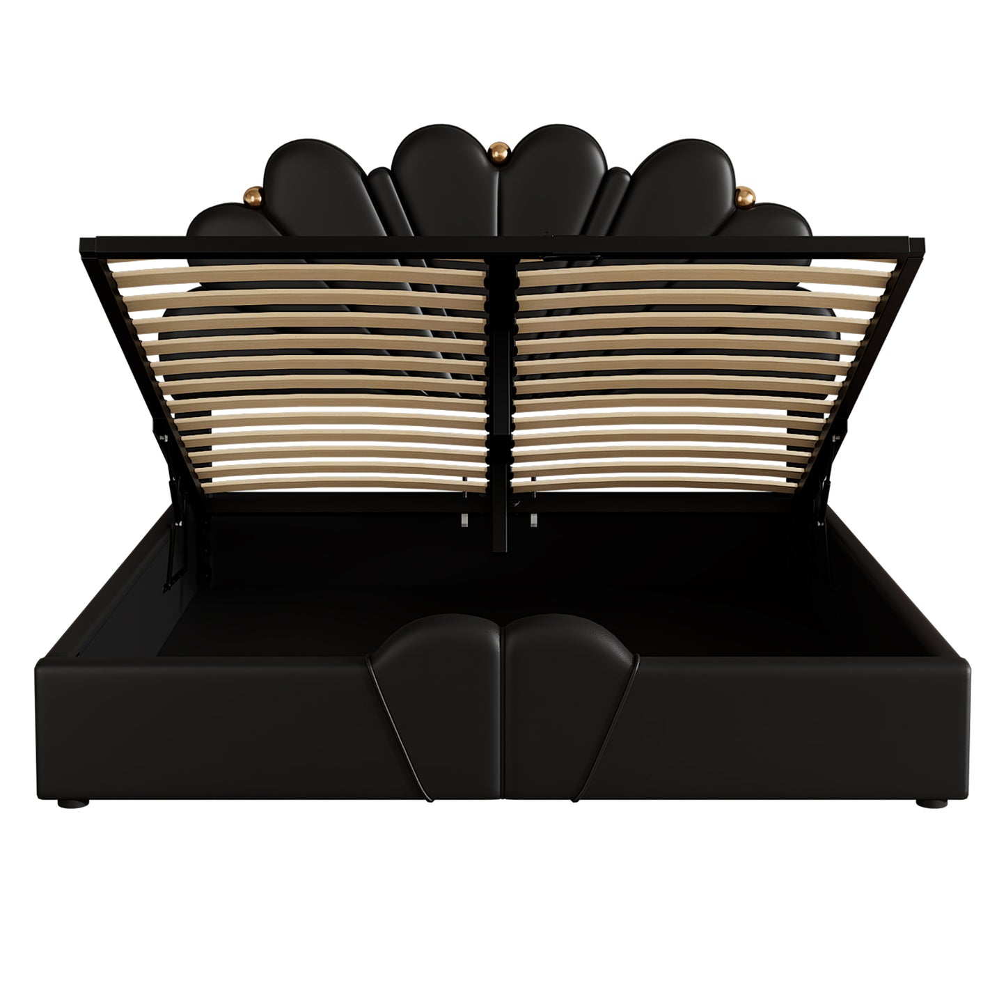 Queen Size Upholstered Petal Shaped Platform Bed with Hydraulic Storage System, PU Storage Bed, Decorated with metal balls, Black