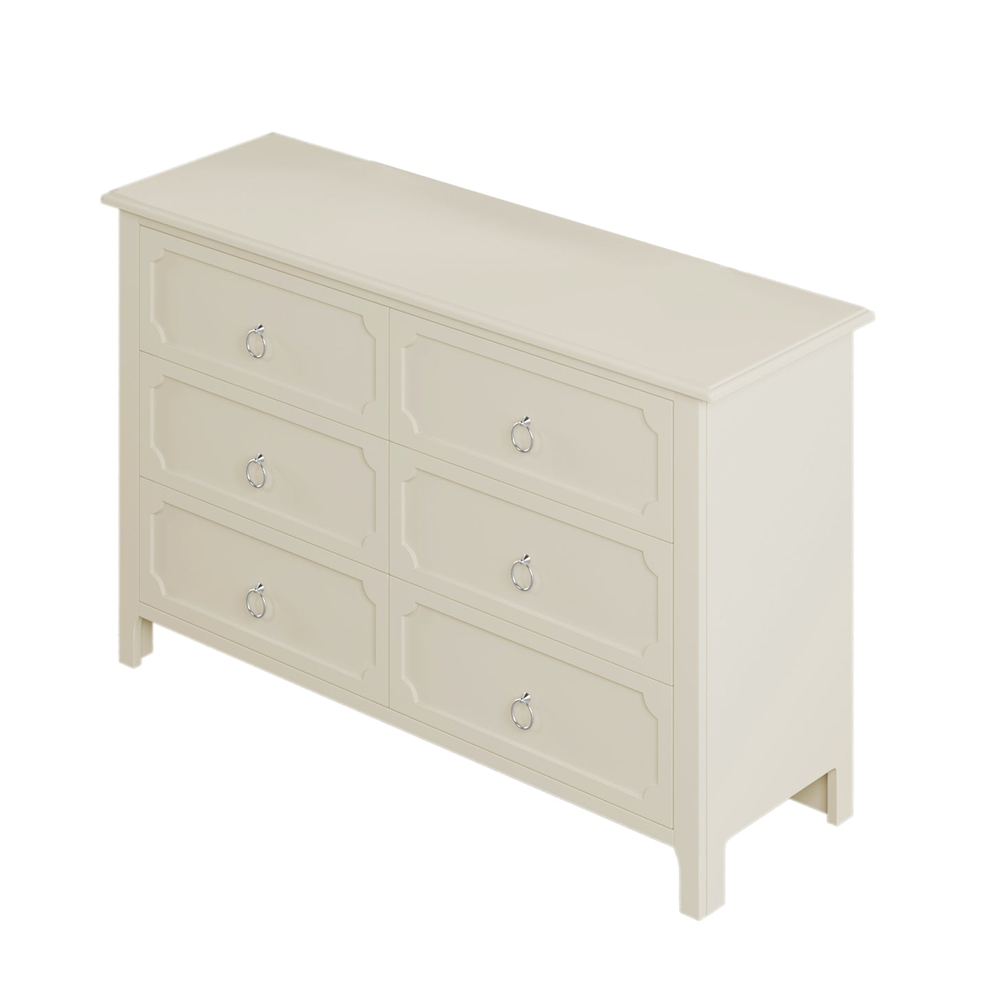 Milky White Rubber Wooden Dresser Six Large Drawers Silver Metal Handles for Living Room Guest Room Bedroom