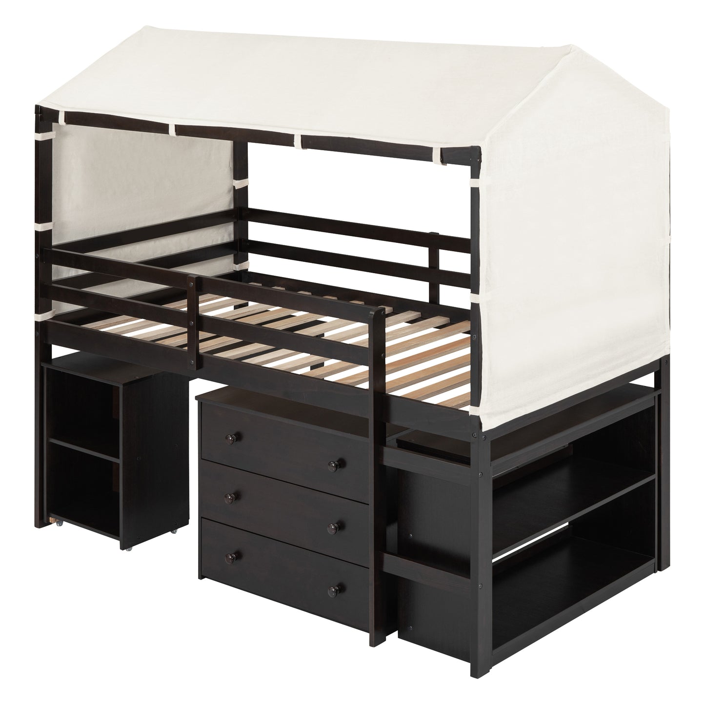 Twin Size Loft Bed with Rolling Cabinet, Shelf and Tent - Espresso