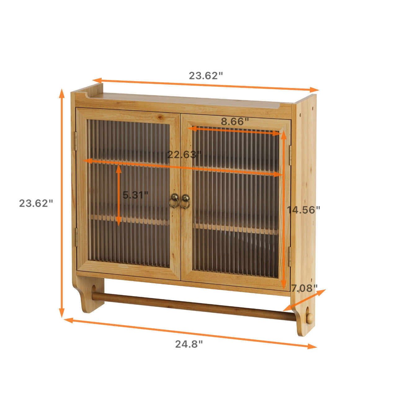 24.8''Glass Door Vintage Double Door Wall Cabinet With Three Tiers of Storage With Towel Rack,for Bathroom, Kitchen,,Dining Room,,Original Wood Color