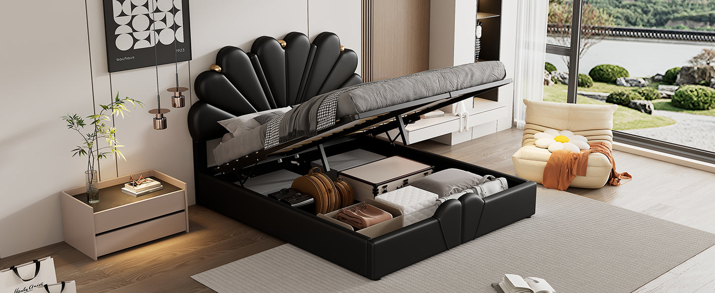 Queen Size Upholstered Petal Shaped Platform Bed with Hydraulic Storage System, PU Storage Bed, Decorated with metal balls, Black