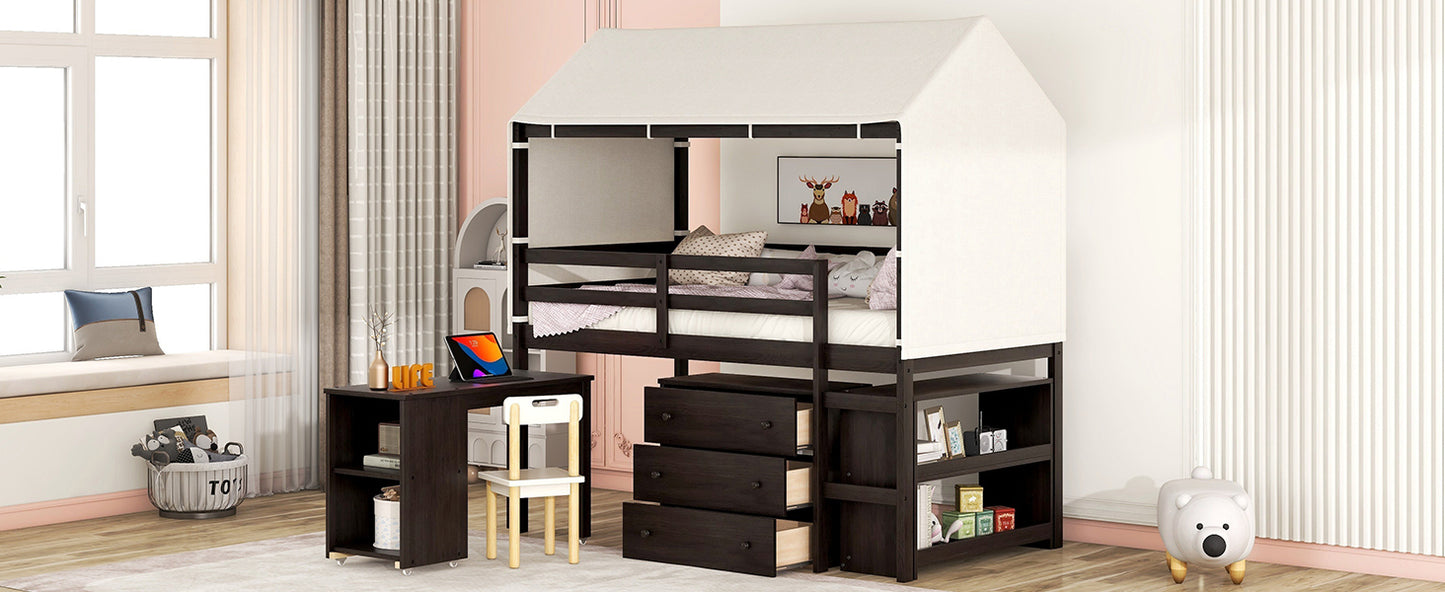 Twin Size Loft Bed with Rolling Cabinet, Shelf and Tent - Espresso