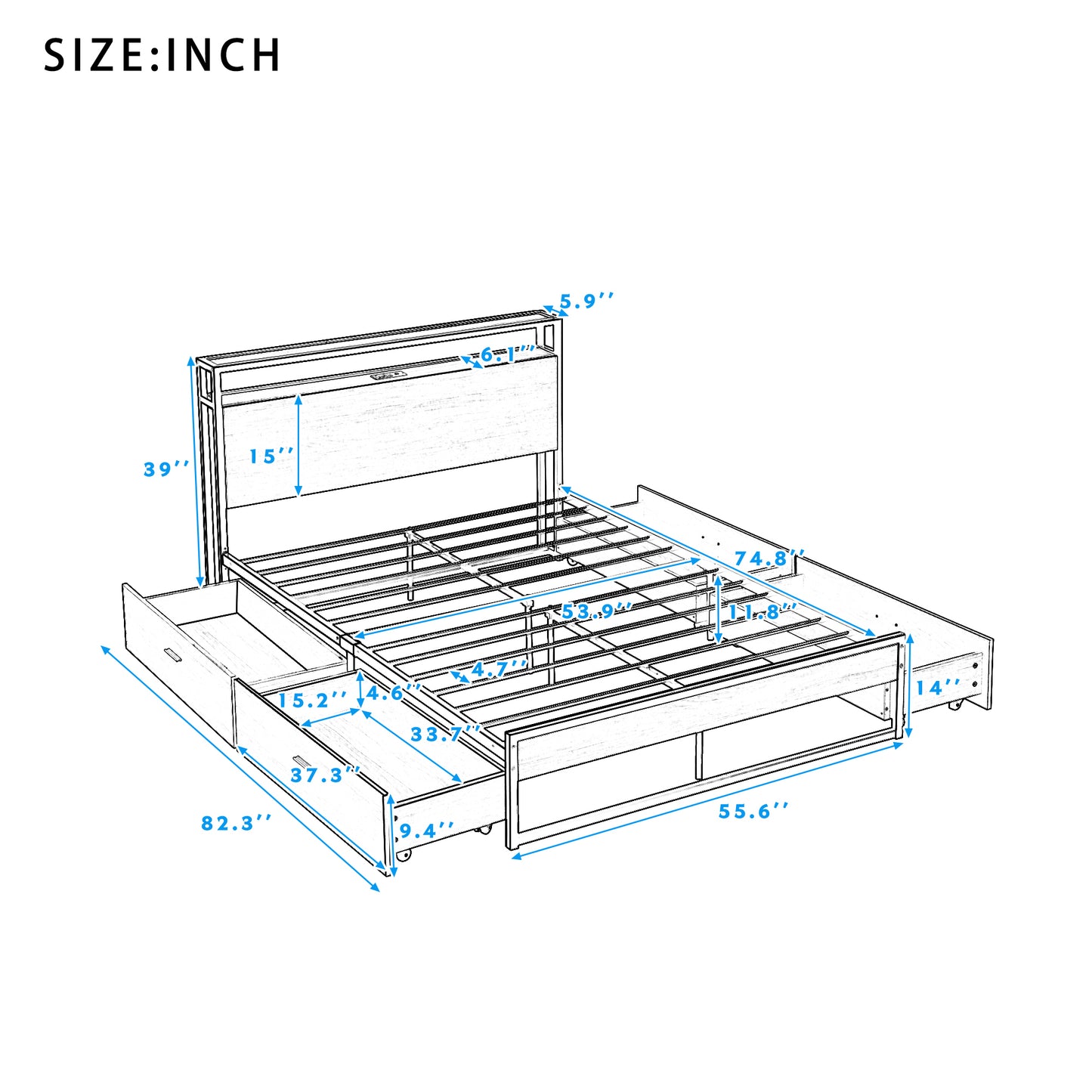 Full Size Metal Platform Bed Frame with Four Drawers,Sockets and USB Ports ,Slat Support No Box Spring Needed White