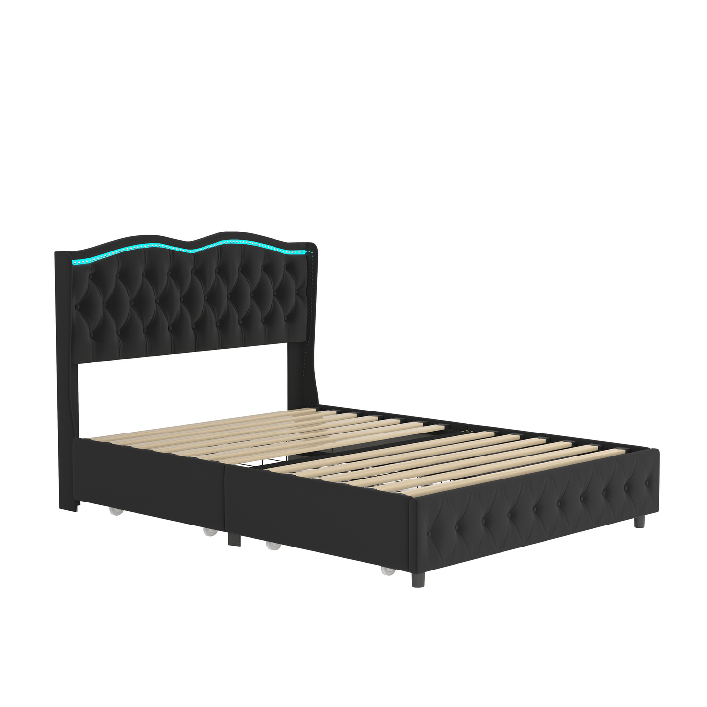 Queen Platform Bed Frame , Velvet Upholstered Bed with Deep Tufted Buttons and Nailhead Trim, Adjustable Colorful LED Light Decorative Headboard, Bed Sides with Pull-Out Storage 4 Drawers, Black