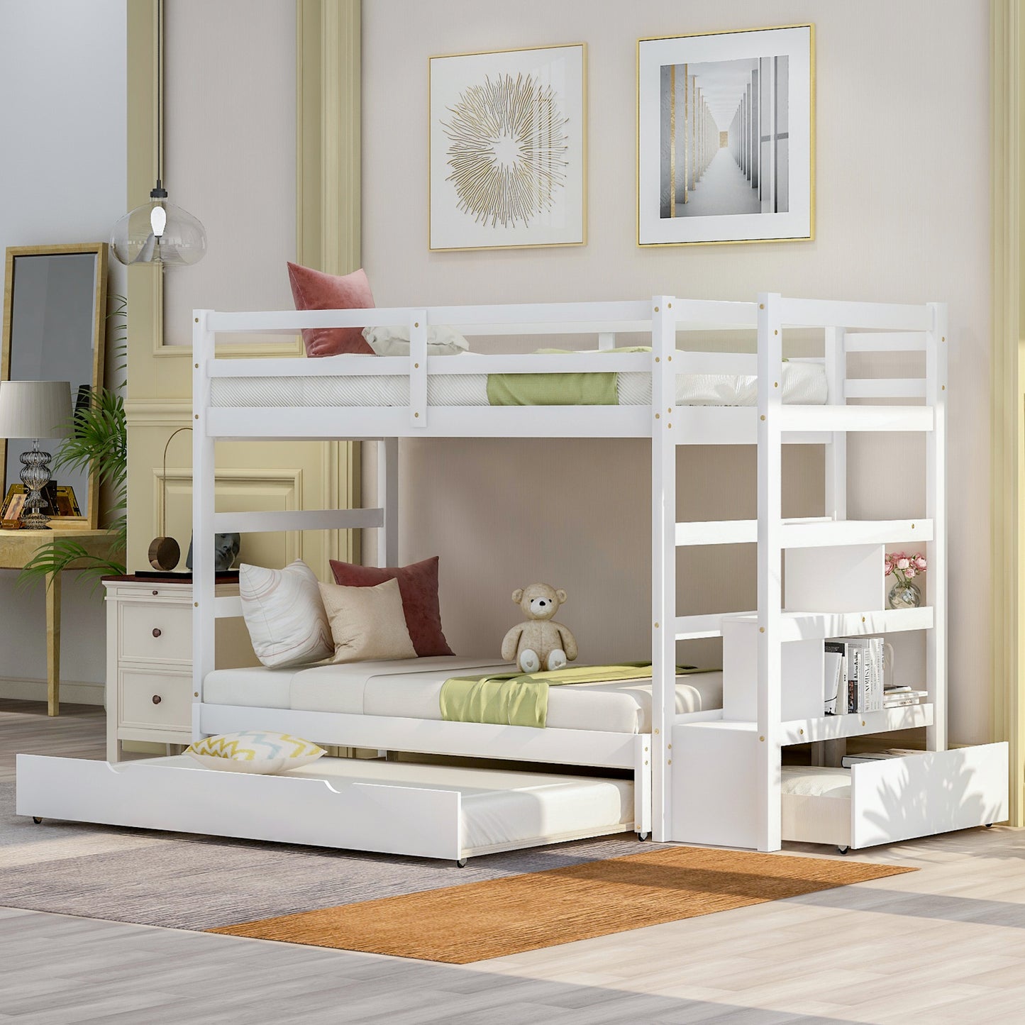 Twin over Twin/King (Irregular King Size) Bunk Bed with Twin Size Trundle, Extendable Bunk Bed (White)(OLD SKU :LP000032AAK)