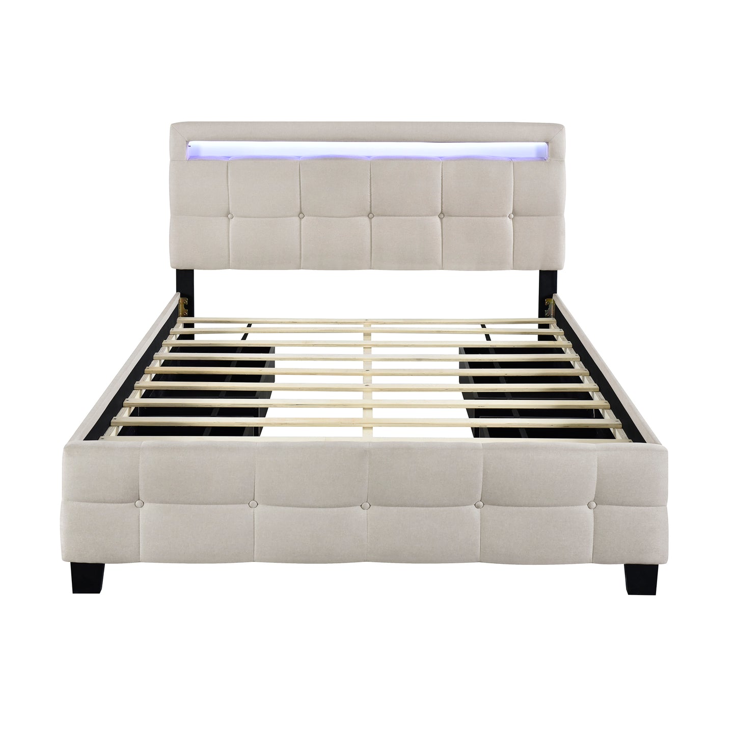 Queen Size Upholstered Platform Bed with LED Frame and 4 Drawers, Linen Fabric, Beige