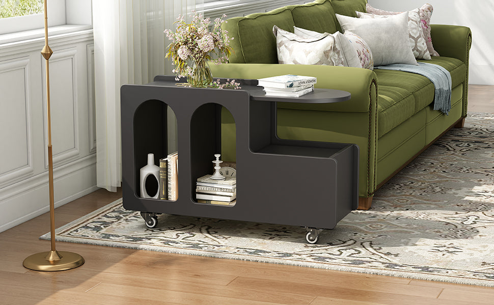 ON-TREND Mobile End Table with lockable wheels, Cream Style Side Table with Storage Drawer, 11.8inch Narrow Nightstand with Multi-layer Storage, Living Room, Black