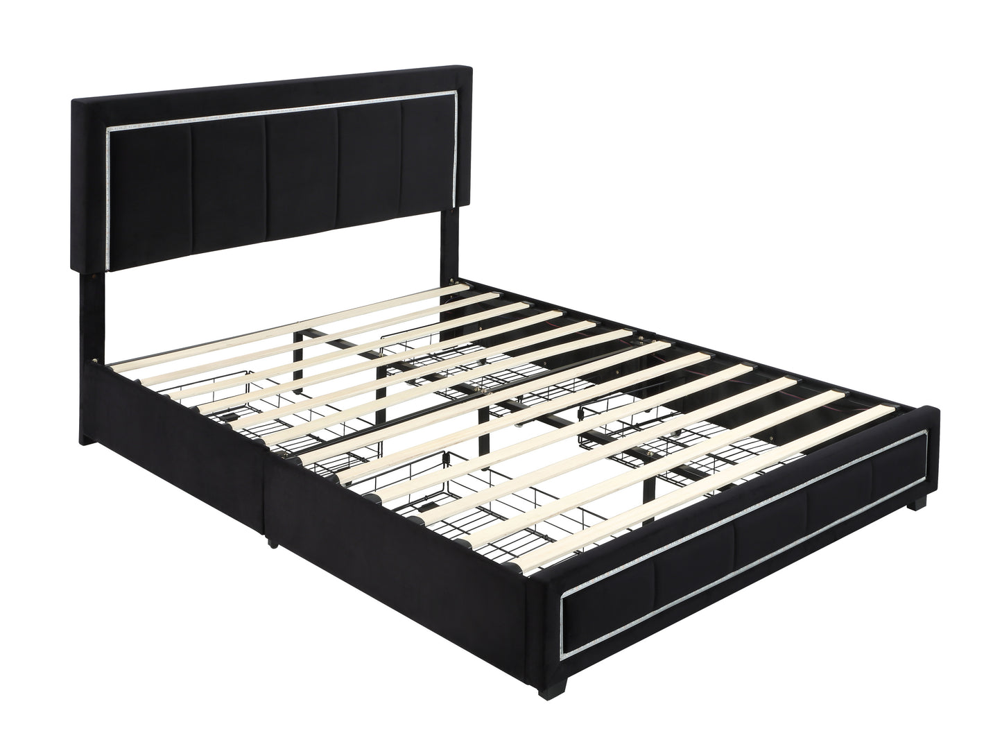 Upholstered Queen Size Platform Bed with LED Lights, Storage Bed with 4 Drawers, Black color fabric