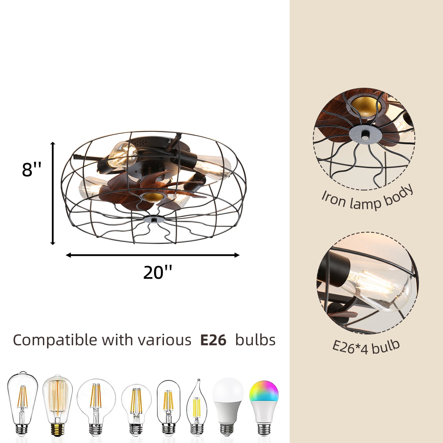 19inch Low Profile Rustic Ceiling Fan Light (Note:No warranty on bulbs)