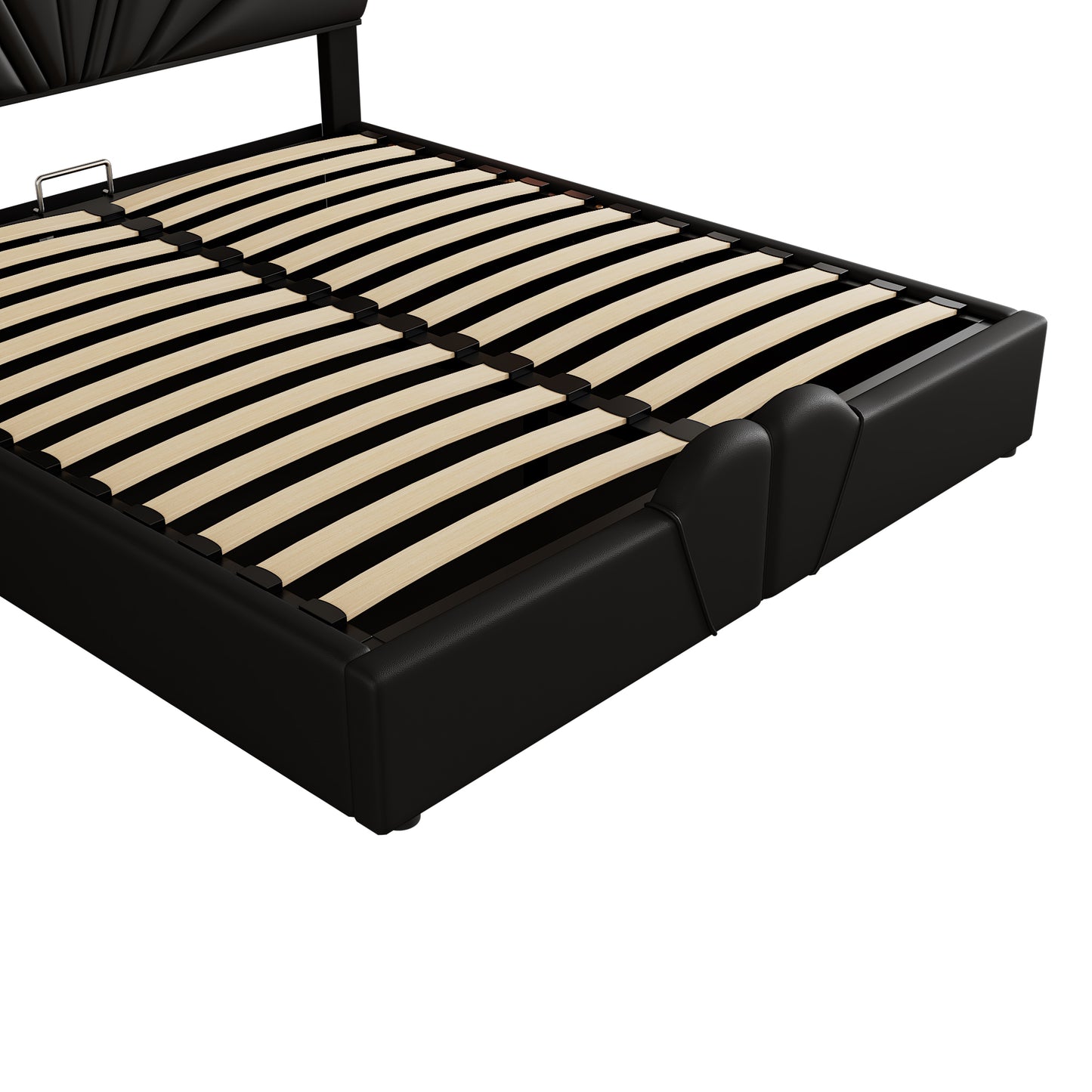 Queen Size Upholstered Petal Shaped Platform Bed with Hydraulic Storage System, PU Storage Bed, Decorated with metal balls, Black