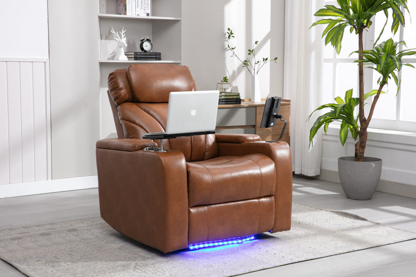 Power Motion Recliner with USB Charging Port and Hidden Arm Storage, Home Theater Seating with Convenient Cup Holder Design ,and stereo(Light Brown)