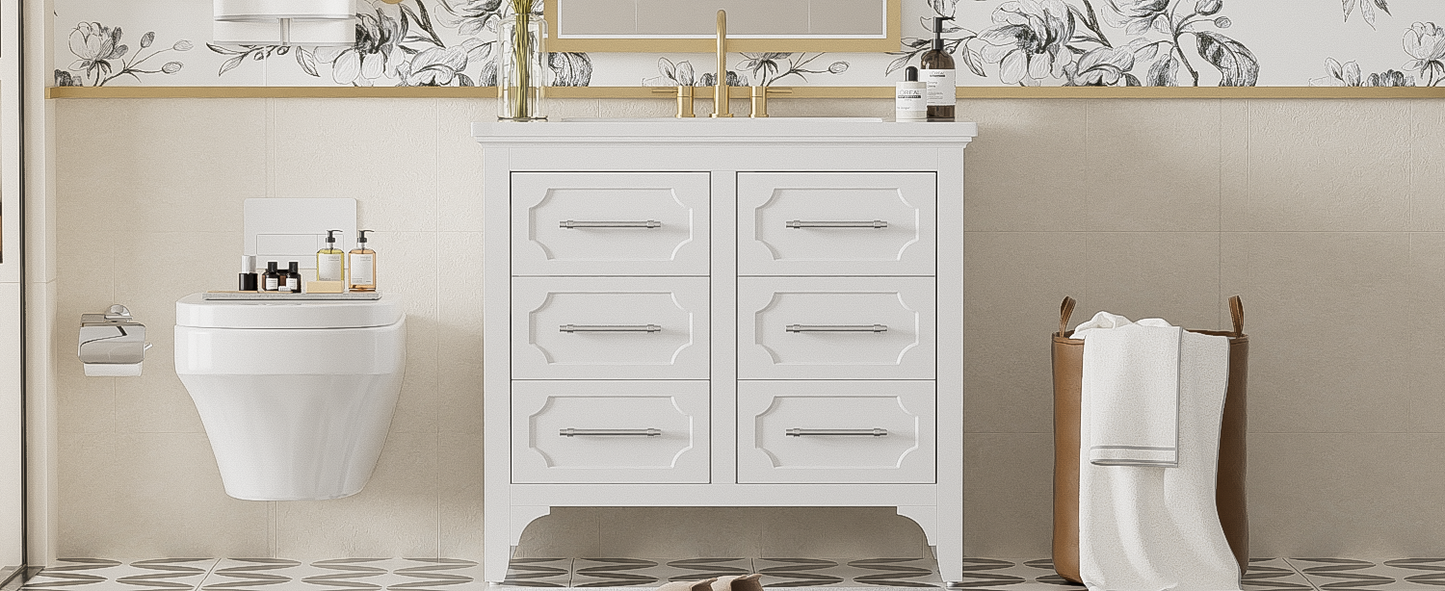 36'' Bathroom Vanity with Resin Sink Combo, Free Standing Single Vanity Set with Four Drawers, Solid Wood Frame Bathroom Storage Cabinet