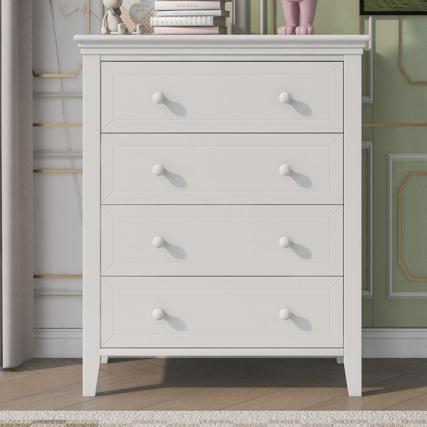 6 Pieces Traditional Concise Style White Bedroom Sets, Nightstand*2+ Chest+ Dresser+ Mirror+ Full Bed