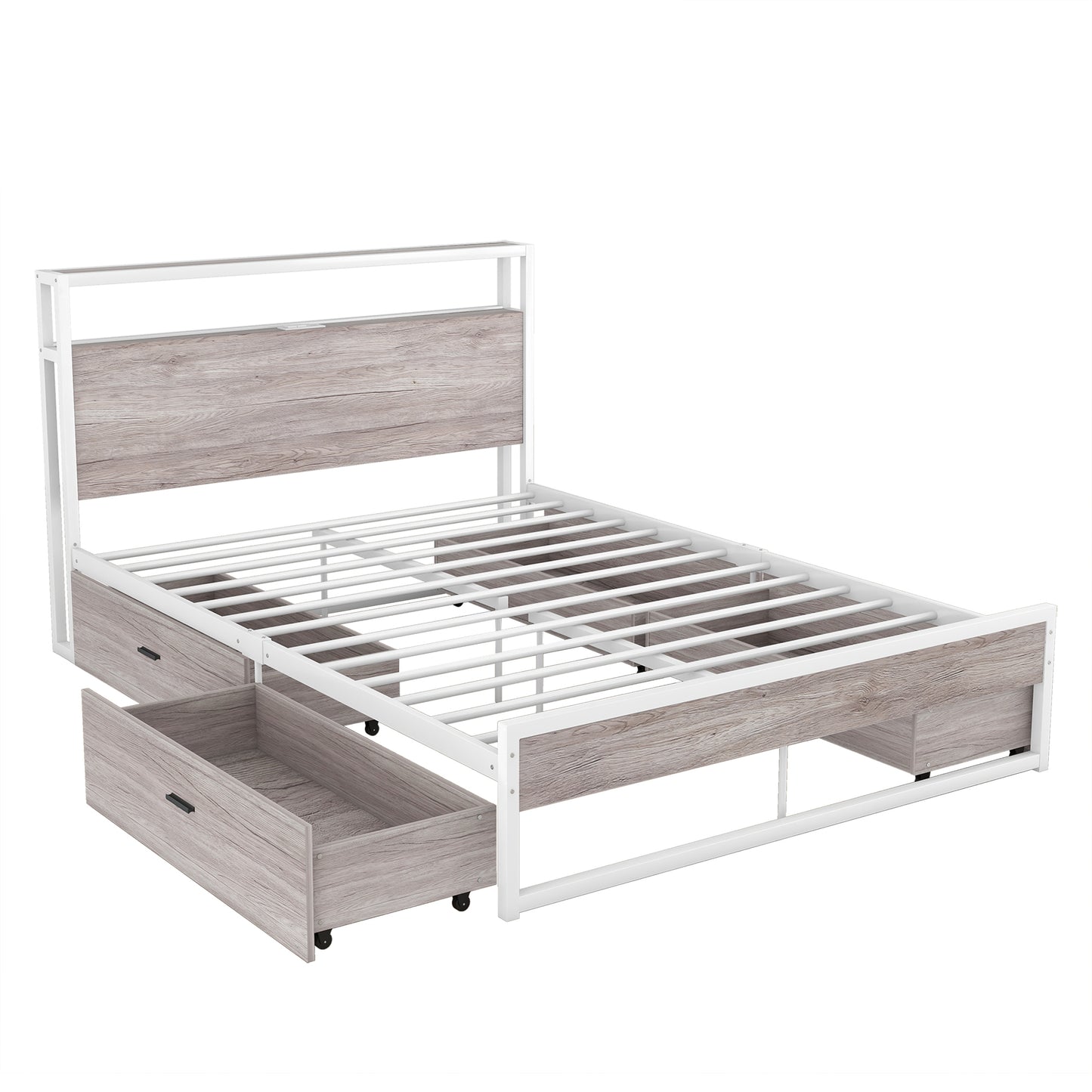 Full Size Metal Platform Bed Frame with Four Drawers,Sockets and USB Ports ,Slat Support No Box Spring Needed White