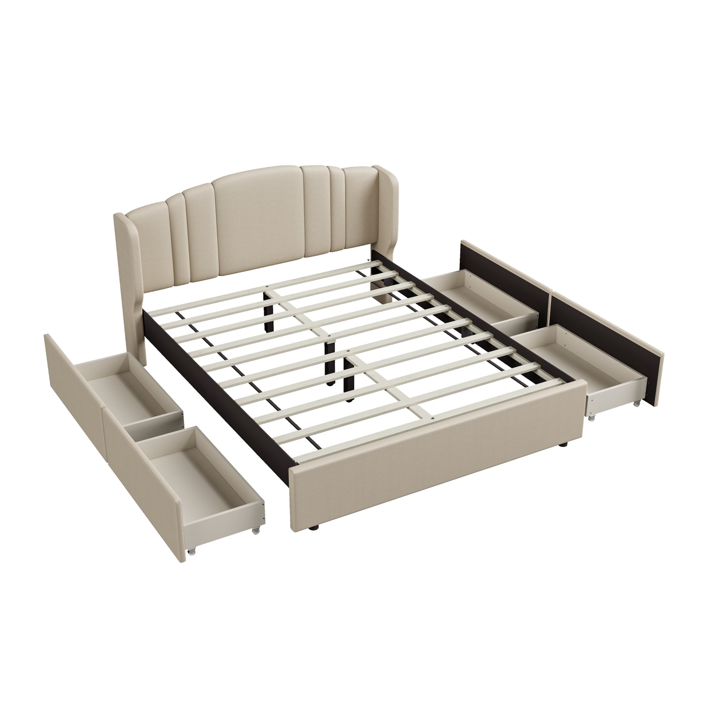 Upholstered Platform Bed with Wingback Headboard and 4 Drawers, No Box Spring Needed, Linen Fabric, Queen Size Beige